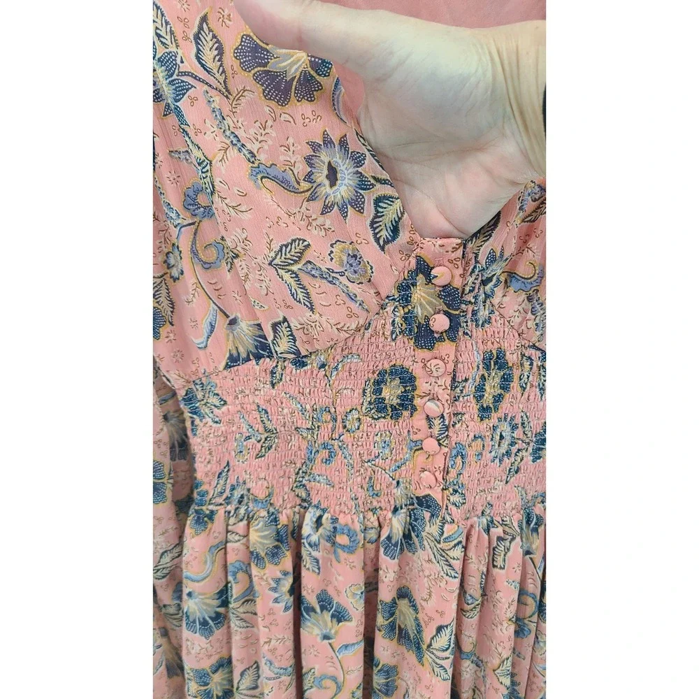 Fairy Cottagecore Tiered Babydoll Maxi‎ Dress Small Pink Floral Smocked Ruffles